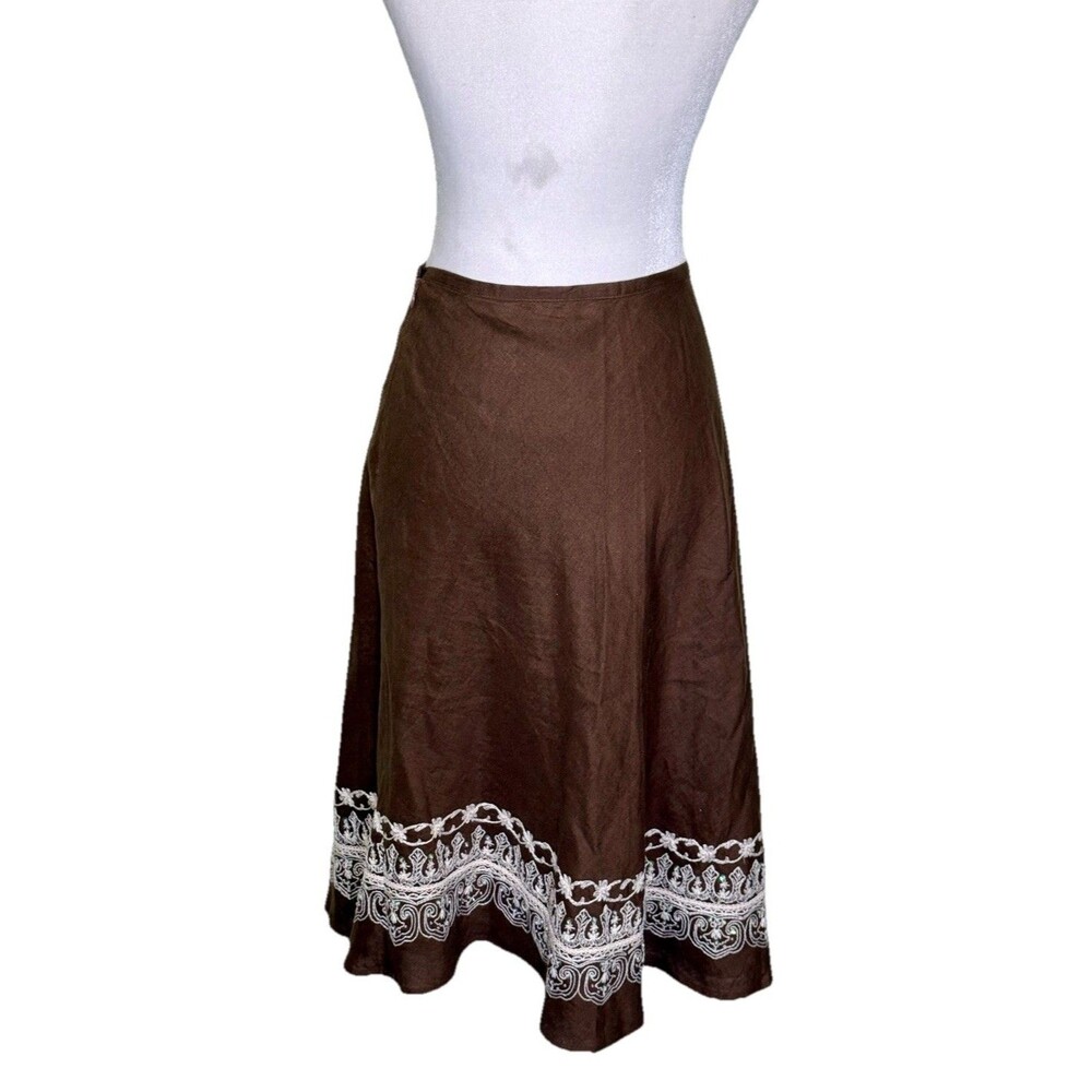 Women's Rustic Cottagecore Brown Linen Skirt Midi Length White Embroidery Hem 12 - Picture 3 of 5